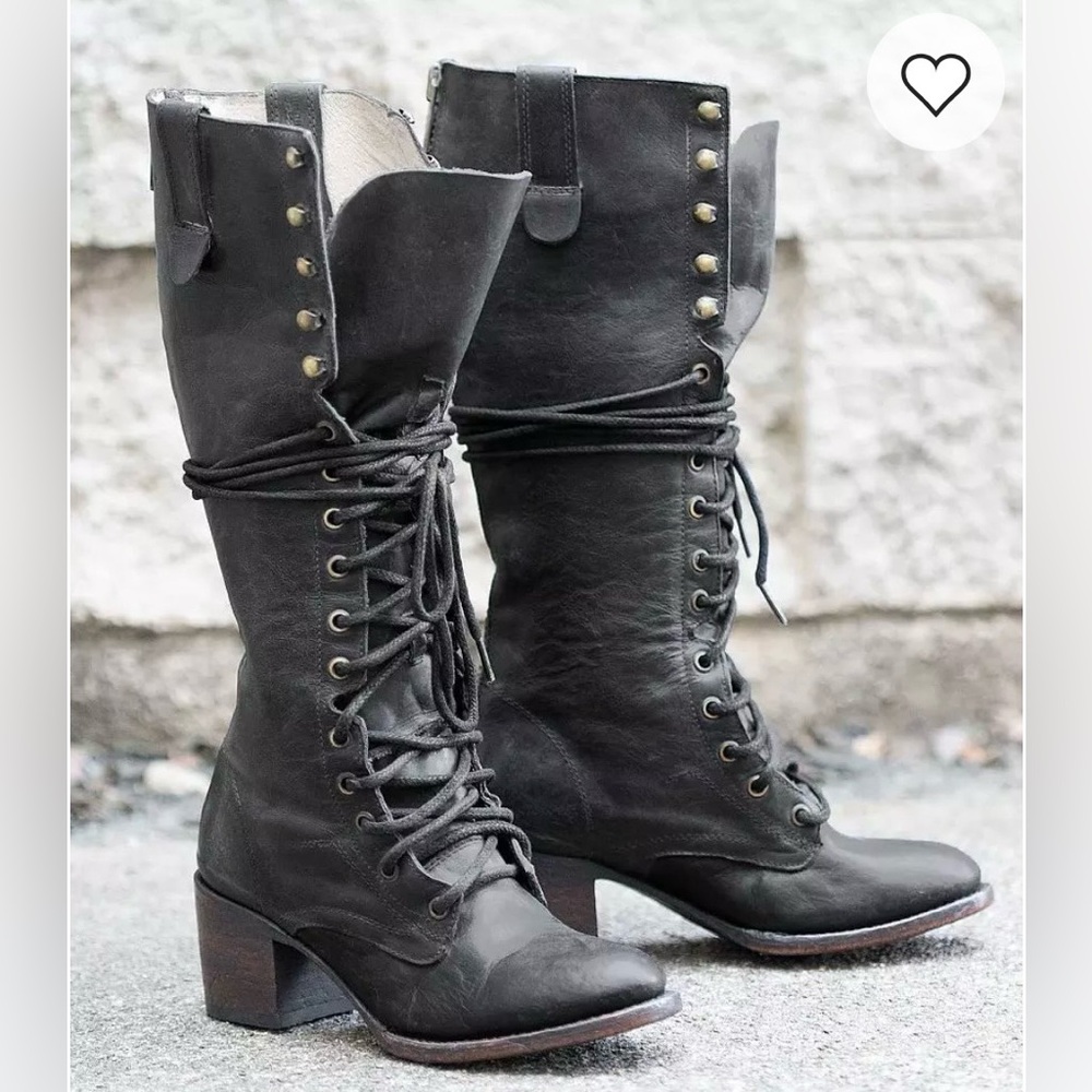 Black “Grany” Tall Lace-Up Leather Boots, 8